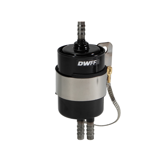 DeatschWerks 10 Micron 3/8-inch barb fuel filter regulator with stainless steel body in black, designed for fuel pressure regulation.