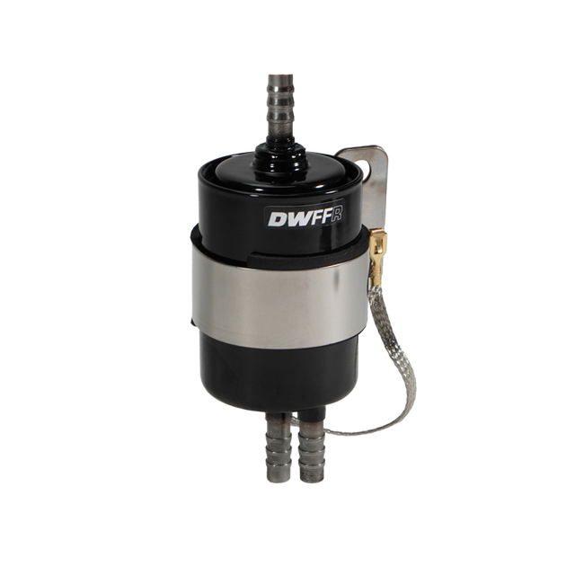 DeatschWerks 10 Micron 3/8 inch barb fuel filter regulator with stainless steel body in black, designed for fuel system regulation