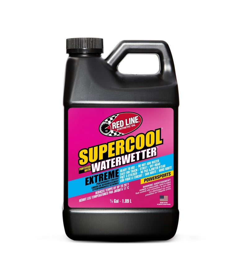 Red Line SuperCool Extreme coolant in a 1/2 gallon container, designed for engine temperature regulation and performance.
