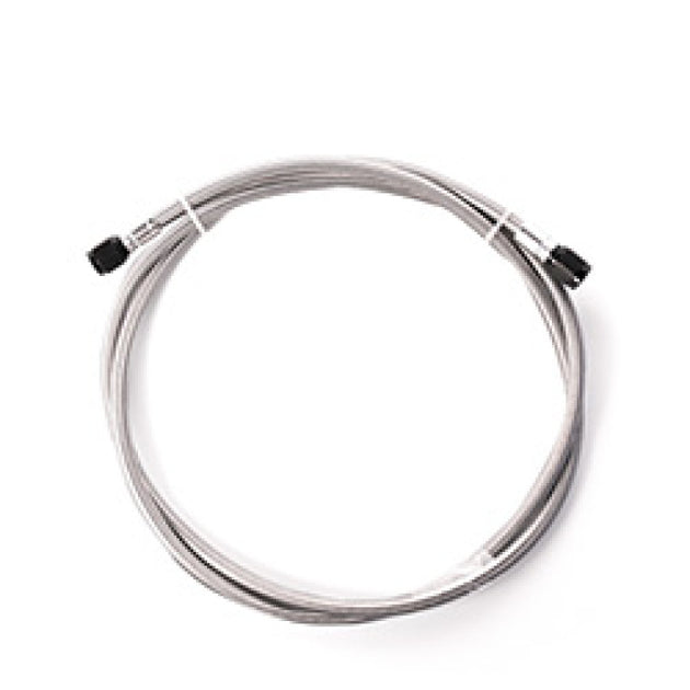 Snow Performance stainless steel braided line with black finish and 4AN fittings for injection pump connections.