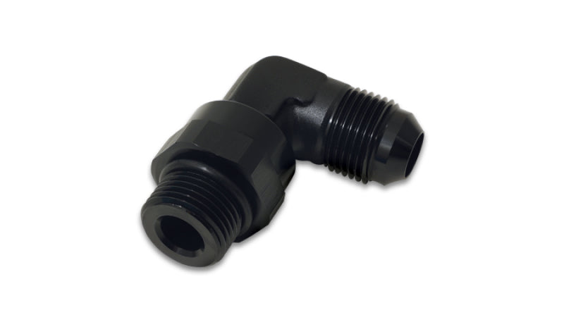 Vibrant black -6AN male flare to -8AN ORB swivel 90-degree adapter fitting, durable anodized aluminum for automotive or racing use.