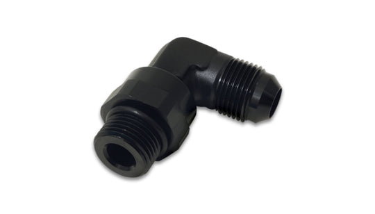 Vibrant black 6AN male flare to -8AN ORB swivel 90-degree adapter fitting with anodized finish for automotive and fluid connections.
