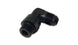Vibrant black -12AN male flare to male -12AN ORB swivel 90-degree adapter fitting, made of durable anodized aluminum.