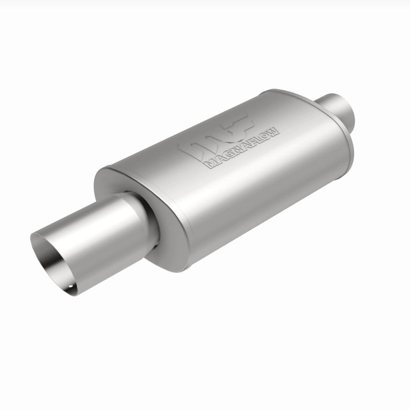 MagnaFlow muffler with tip, model RS 14X5X8, 3/4 inch, showing the cylindrical shape and polished metal finish.