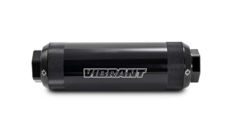 Vibrant 100 Micron HD Power Fuel Filter showing a clear, durable filter with metal fittings for vehicle fuel filtration.
