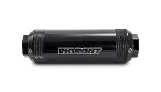 Vibrant 100 Micron HD Power Fuel Filter showing a clear, durable filter with metal fittings for vehicle fuel filtration.