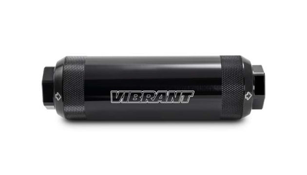 Vibrant 100 Micron HD Power Fuel Filter showing a clear, durable filter with metal fittings for vehicle fuel filtration.