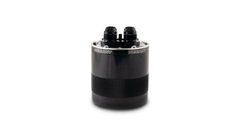 Vibrant small 0.75L 4-port oil catch can assembly with black finish and inlet/outlet ports for engine venting and oil catch.