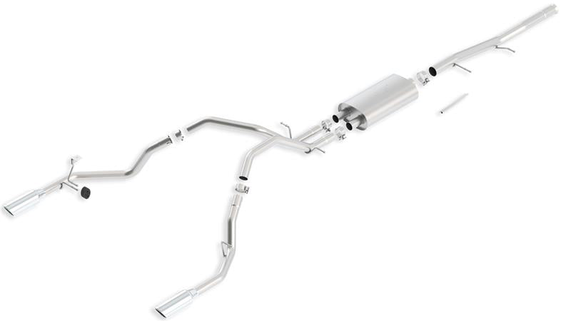Borla S-Type SS catback exhaust system for 2009-2011 Chevrolet Silverado and GMC Sierra trucks, showing polished stainless steel pipes