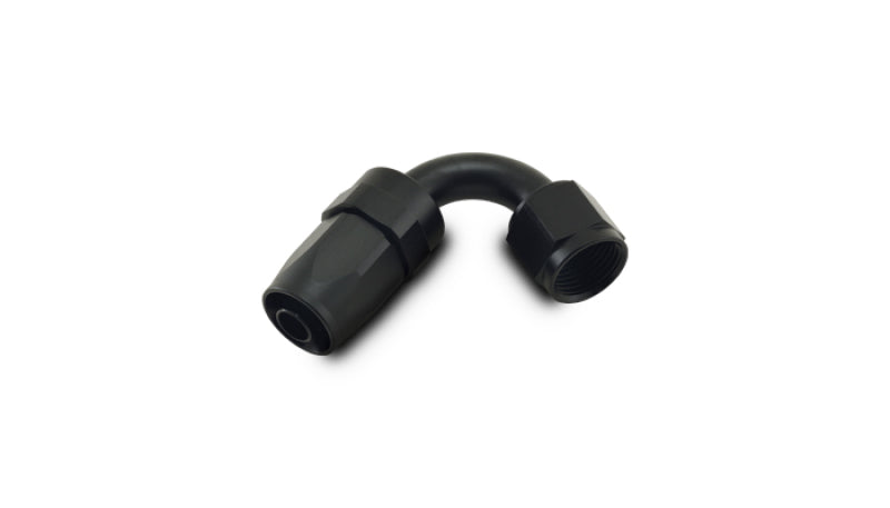 Vibrant -4AN 120-degree elbow hose end fitting with black finish, designed for high-performance automotive fluid connections.