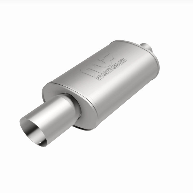 MagnaFlow stainless steel muffler with tip, 14x5x8 inches, 2.25/4 inch inlet and outlet, automotive exhaust part.