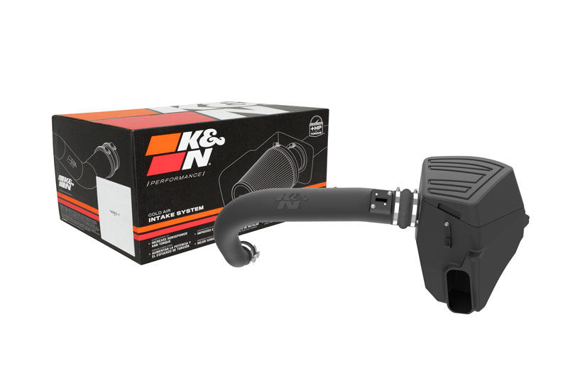 K&N Engineering cold air intake system for 2019-2020 Chevrolet 1500 2.7L L4 engine, showing the air filter and intake tubing.