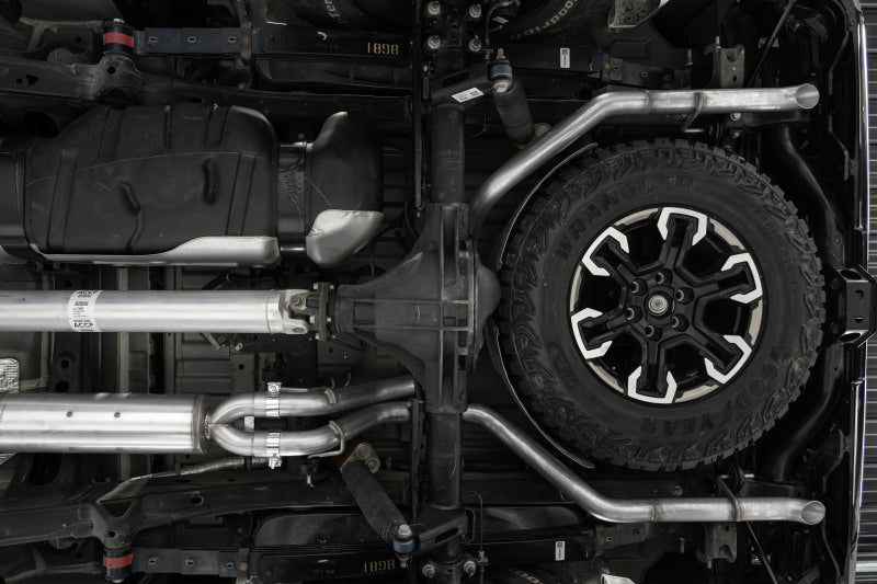 MBRP catback exhaust system for 2022-2023 Chevrolet and GMC Silverado Sierra ZR2 AT4X 6.2L, featuring a turn-down 3-inch pipe.