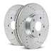 Pair of PowerStop drilled and slotted front brake rotors for Ford F-550 Super Duty, showing metal rotors with drilled holes and slots.