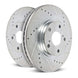 Pair of PowerStop drilled and slotted front brake rotors for Ford F-550 Super Duty, showing metal rotors with drilled holes and slots.