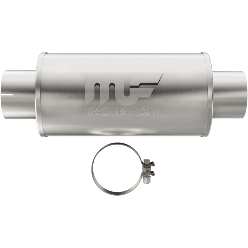 MagnaFlow muffler Mag DSL SS with 7x7x14 inch dimensions, 4-inch inlet and outlet, stainless steel construction for automotive exhaust.
