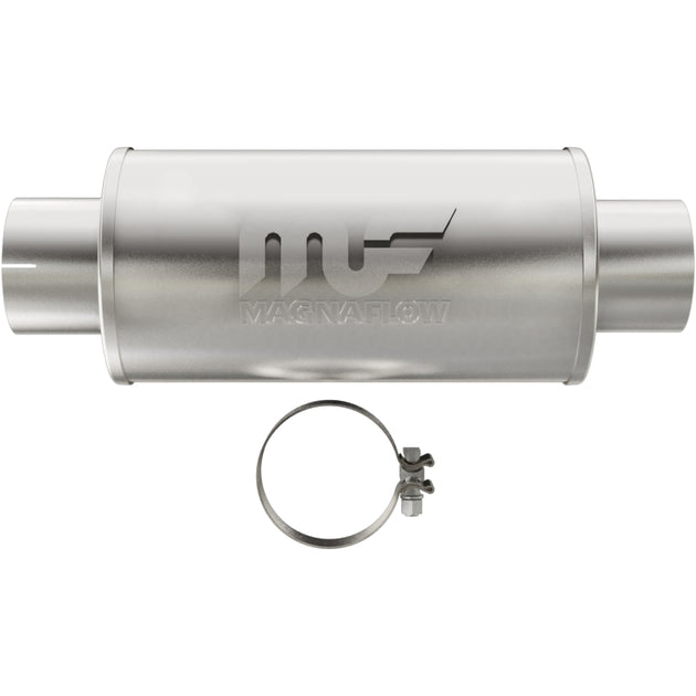 MagnaFlow muffler Mag DSL SS with 7x7x14 inch dimensions, 4-inch inlet and outlet, stainless steel construction for automotive exhaust.