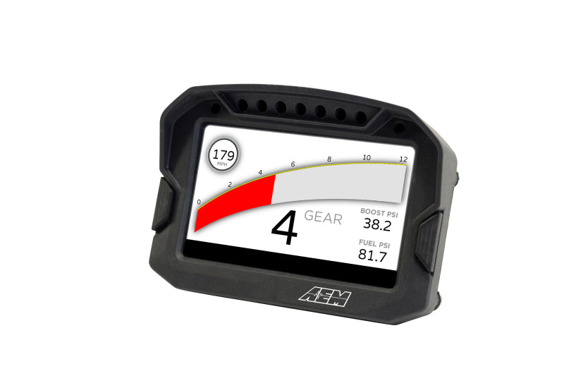 AEM CD-5LG Carbon Logging Digital Dash Display gauge with internal 10Hz GPS and antenna for vehicle dashboards.