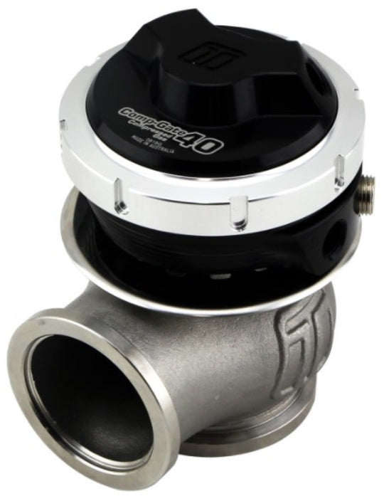 Turbosmart WG40 Gen V 40mm wastegate with black finish, designed for boosting performance in turbocharged engines.