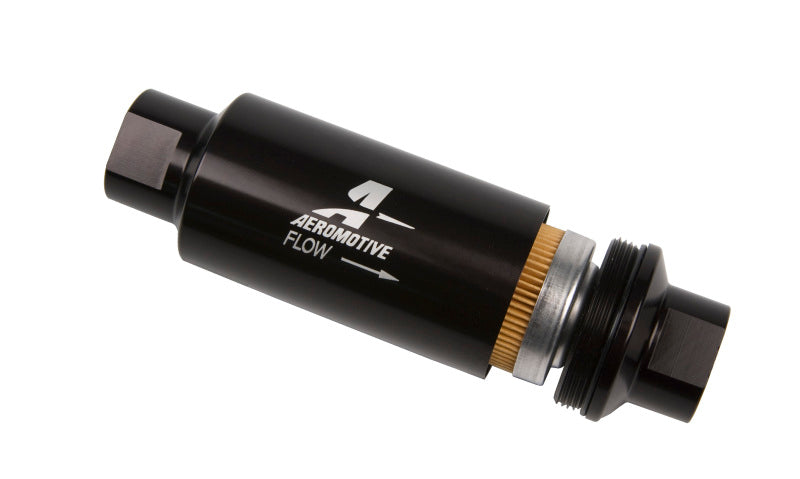 Aeromotive AN-10 black in-line fuel filter with 10-micron filtration for automotive fuel systems.