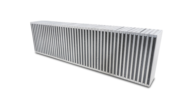 Vibrant vertical flow intercooler core 24-inch length, 6-inch height, 3.5-inch thickness, with aluminum fins and end tanks.