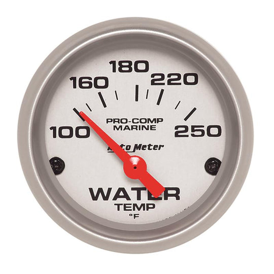 AutoMeter water temperature gauge, 2 1/6 inch electric marine gauge in silver, showing temperature range 100-200°F