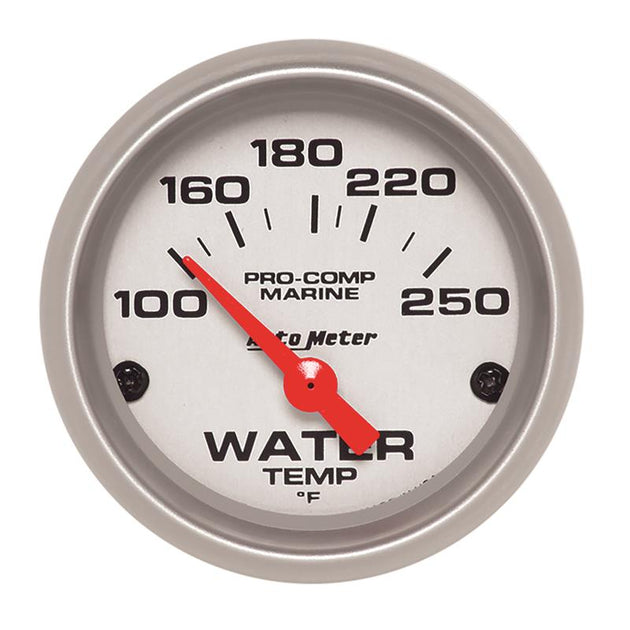AutoMeter water temperature gauge, 2 1/6 inch electric marine gauge in silver, showing temperature range 100-200°F