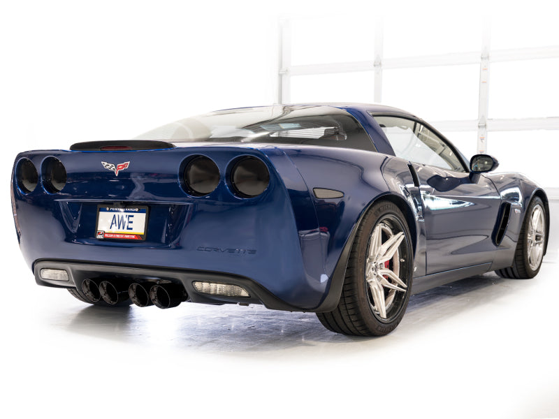 AWE Tuning C6 Chevrolet Corvette Z06/ZR1 Touring Edition axle-back exhaust with diamond black tips, showcasing polished metal and black accents.