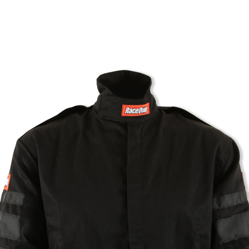 RaceQuip Black SFI-1 1-L racing suit in medium size, made of durable fabric with racing suit design and branding details.