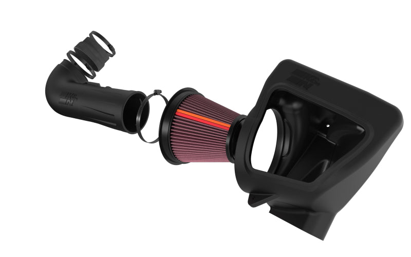 K&N Engineering cold air intake system for Chevy Camaro SS V8 6.2L engine, showing the high-performance air filter and intake components