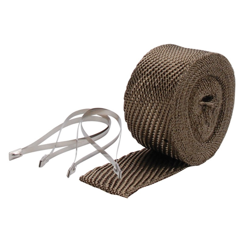 DEI titanium exhaust wrap kit with pipe wrap and locking tie, showing the textured, heat-resistant titanium material and installation accessories.