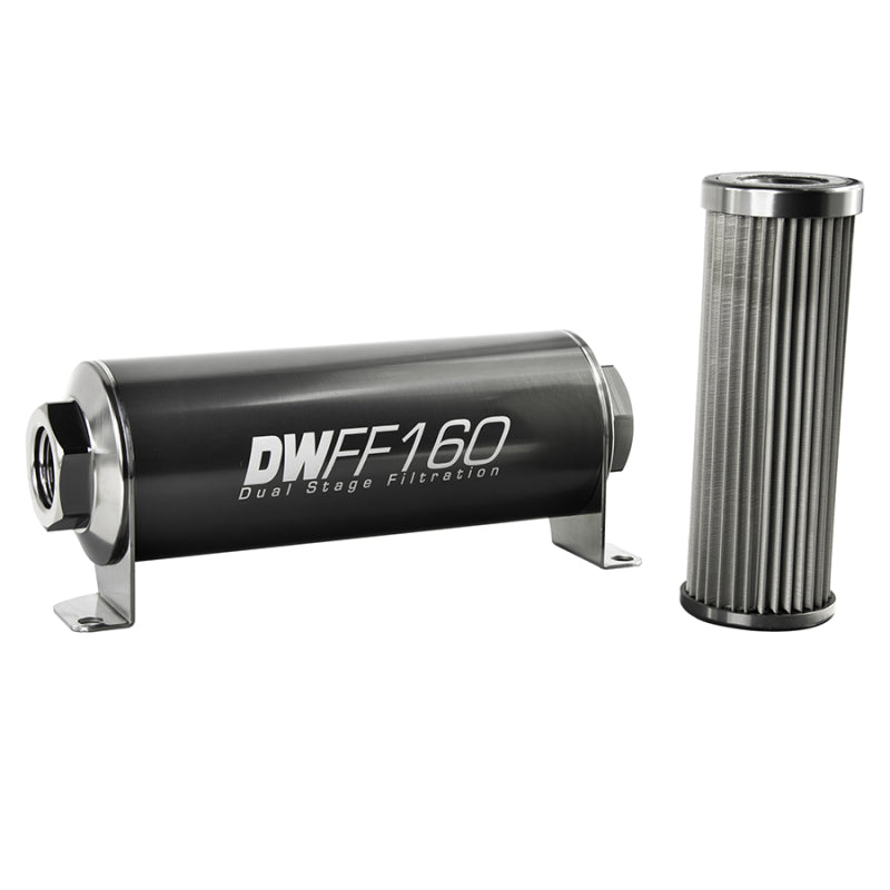DeatschWerks stainless steel 10AN inline fuel filter housing kit with 10 micron filtration, 160mm length for universal automotive use.