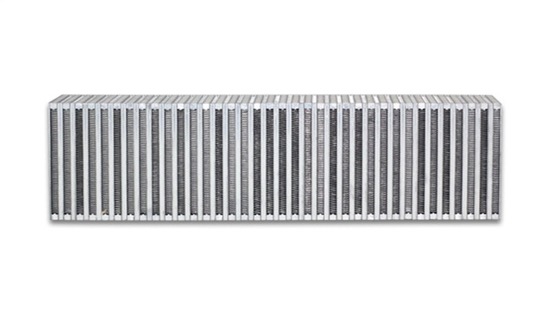 Vibrant vertical flow intercooler core with 24-inch width, 6-inch height, and 3.5-inch thickness, showing aluminum fins and end tanks.