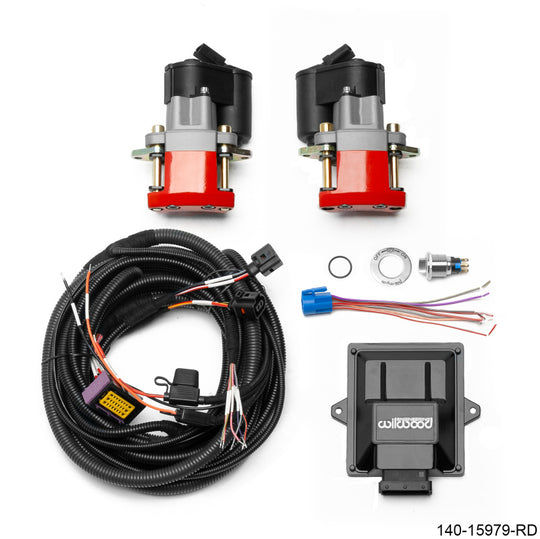 Wilwood rear electronic parking brake retrofit kit with red powder-coated brake caliper for high-performance vehicle braking.