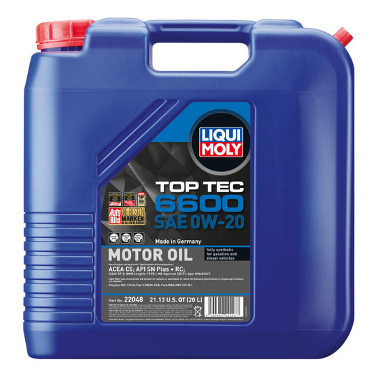 LIQUI MOLY Top Tec 6600 20L motor oil SAE 0W20, high-performance engine oil container with product label and cap.