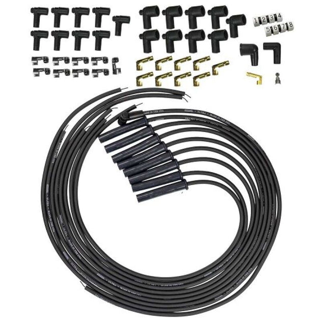 Moroso Universal HEI/Non-HEI Spark Plug Wire Set with black 8mm multi-angle boots for Ultra 350 engines, shown in image.
