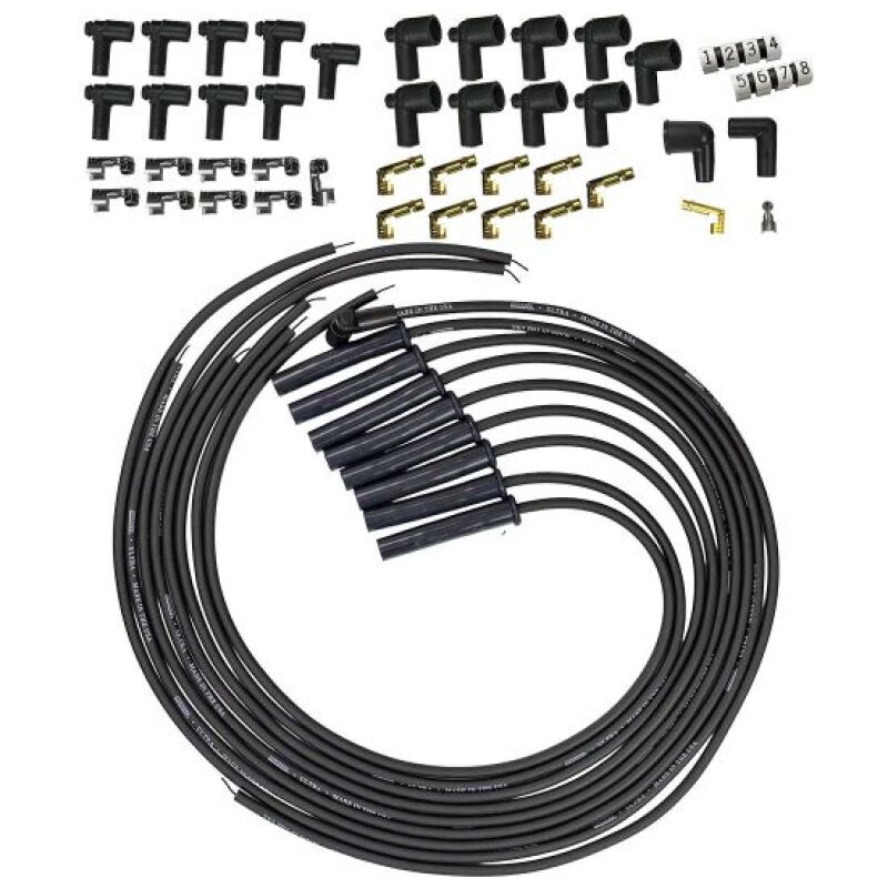 Moroso Universal HEI/Non-HEI Spark Plug Wire Set with black 8mm multi-angle boots for Ultra 350 engines, shown in image.