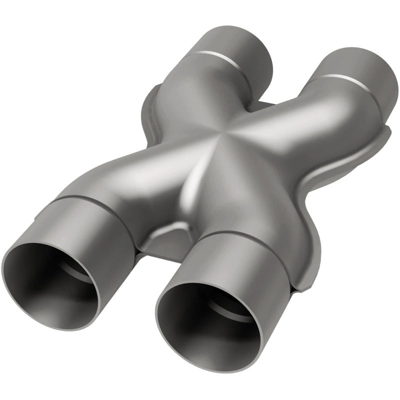 MagnaFlow Smooth Trans X 3/3 X 14 stainless steel X pipe for vehicle exhaust systems, showing polished metal surface.