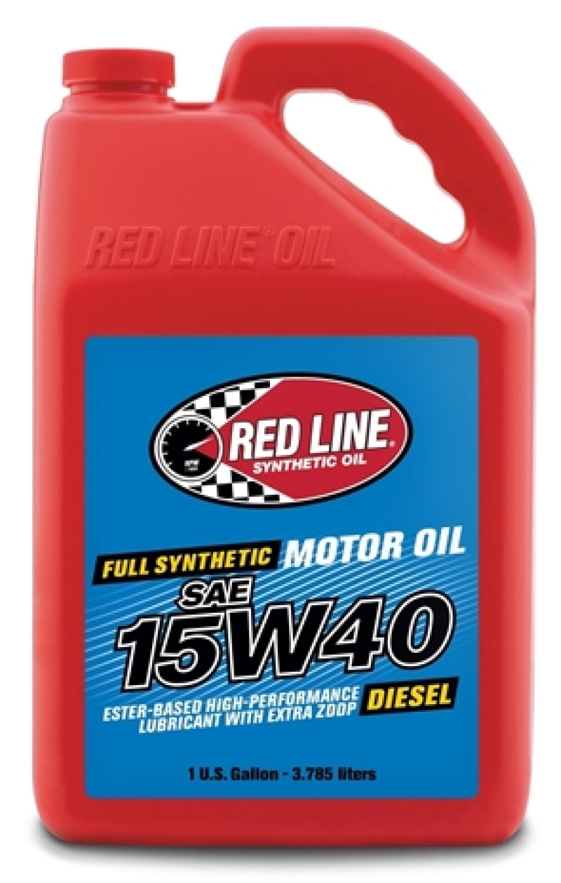 Red Line 15W40 Diesel Motor Oil in a gallon container, suitable for heavy-duty diesel engines and automotive use.