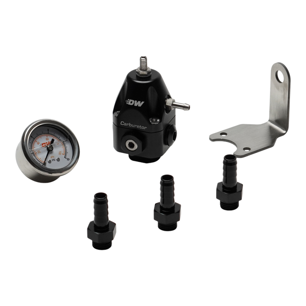 DeatschWerks DWR550C adjustable fuel pressure regulator with 3/8-inch barb fittings and built-in gauge for precise control