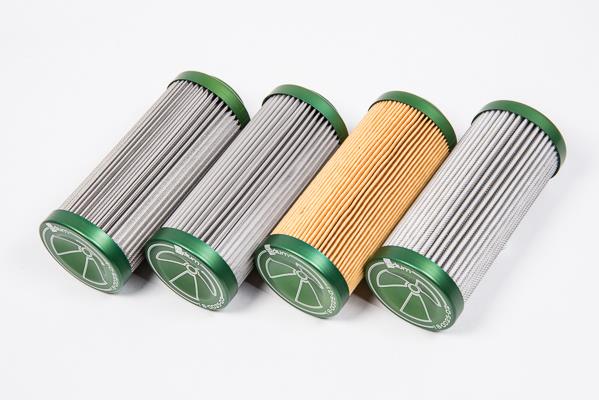 Radium Engineering 10 Micron stainless steel fuel filter showing the compact, durable filter with inlet and outlet ports for vehicle fuel system.