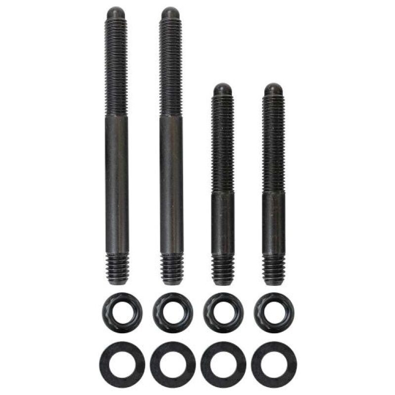 Moroso 2-piece 5/16in-24 x 2.5in and 3.5in long 12-point nuts carb stud kit with bracket, fitting components and hardware.