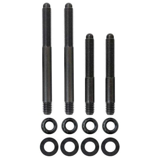 Moroso 2-piece 5/16in-24 x 2.5in and 3.5in long 12-point nuts carb stud kit with bracket, fitting components and hardware.