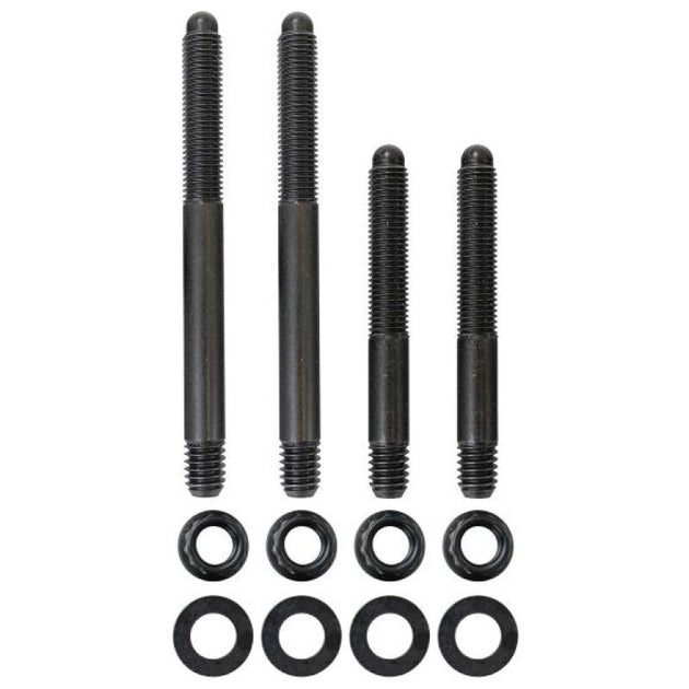 Moroso 2-piece 5/16in-24 x 2.5in and 3.5in long 12-point nuts carb stud kit with bracket, fitting components and hardware.