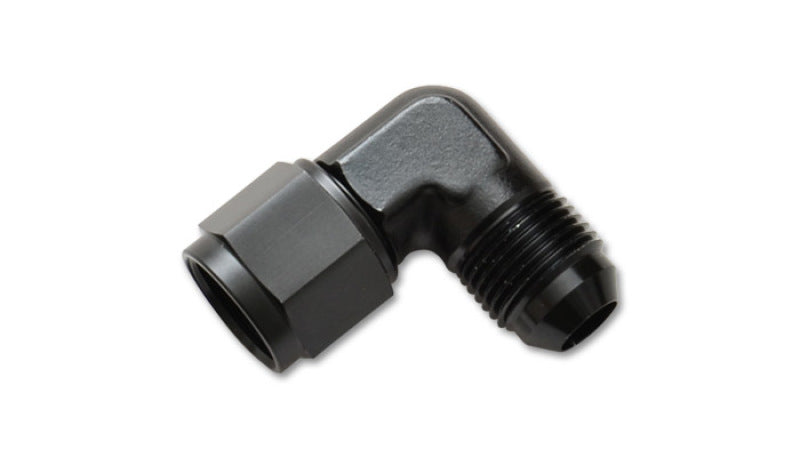 Vibrant -6AN female to male 90-degree swivel fitting adapter for hydraulic or fuel line connections, featuring durable metallic construction.