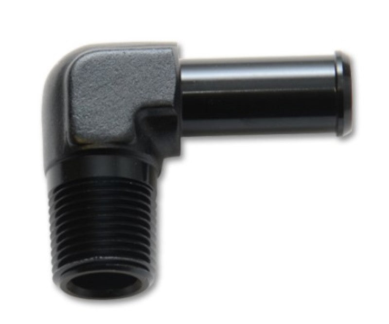 Vibrant 3/8 NPT to 5/16 barb 90-degree fitting, metal plumbing connector, with threaded and barbed ends for hoses and pipes.