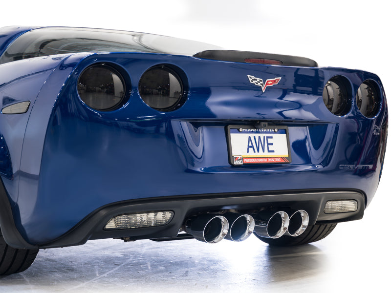 AWE Tuning C6 Chevrolet Corvette Z06/ZR1 Touring Edition axle-back exhaust with chrome silver tips, showcasing sleek design and polished finish.