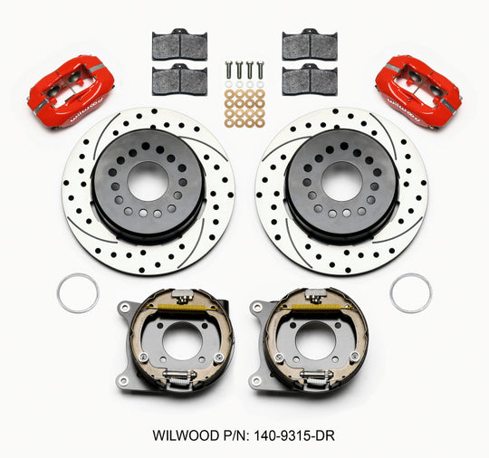 Wilwood Forged Dynalite P/S Park Brake Kit with drilled red brake calipers, 12-bolt design, 2.75-inch offset, for big brake upgrades