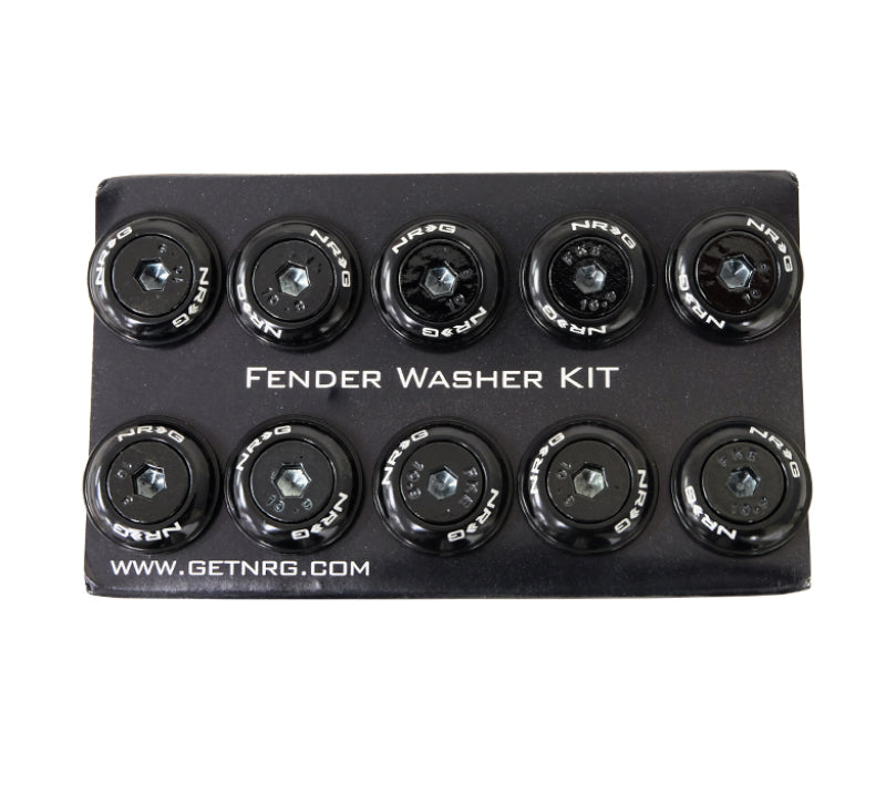 NRG black fender washer kit with M6 bolt rivets for plastic, includes 10 hardware pieces for automotive applications
