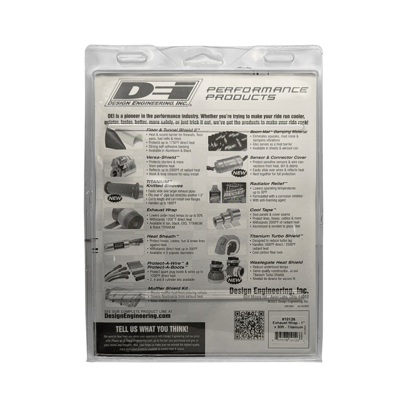 DEI Titanium Exhaust Wrap 1in x 50ft wrapped around a car exhaust pipe, showcasing heat-resistant insulation material.